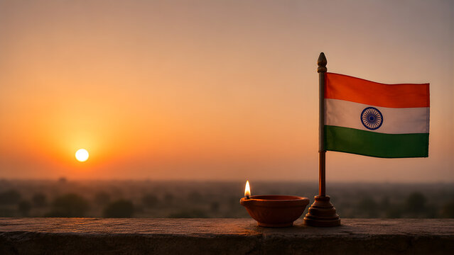 Indian flag and glowing oil lamp at sunrise