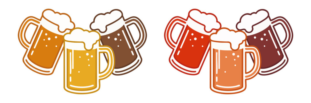 Beer Mug Cheers Vector Icon Set with Foamy Craft Beer Glasses for International Beer Day and Oktoberfest Festival