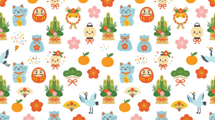Obraz premium Japanese New Year Lucky Charms and Symbols Seamless Pattern Flat Vector