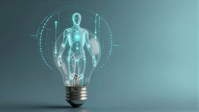 Human body inside glowing light bulb with digital code swirling around.