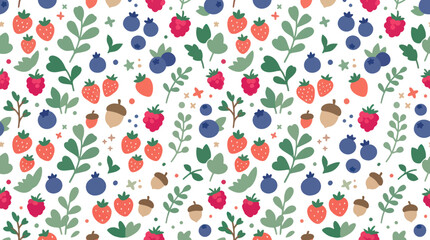 Fototapeta premium Flat Vector Food and Nature Seamless Pattern: Wild Berries (Strawberries, Blueberries, Raspberries), Leaves, Acorns