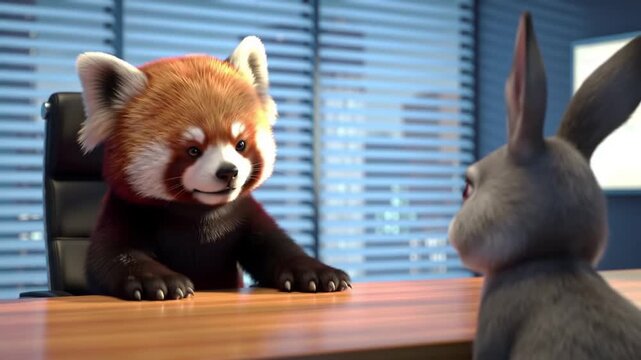 Animated red panda and rabbit talking at office desk.