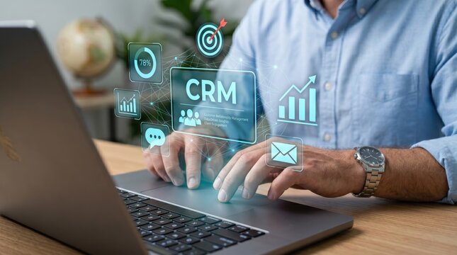 Professional managing customer relationship management CRM software with data analytics, charts, and growth targets on laptop screen
