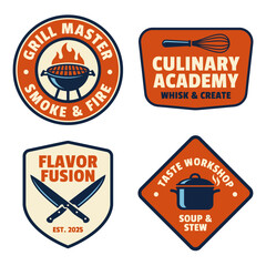Obraz premium A collection of culinary workshop badges designed for aspiring chefs, showcasing themes of grilling, flavor fusion, and culinary creativity with stylish graphics.