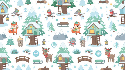Naklejka premium Flat Vector Winter Forest Seamless Pattern with Cute Cartoon Animals Treehouses - Kids Background Design