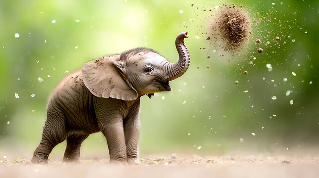 Playful baby elephant joyfully uses its trunk to toss dirt into air, creating lively scene in natural setting