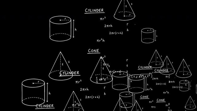 Scientific math Animation, Math Formula Chalk Animation Cylinder Cone Volume 3D Shapes Geometry Doodle Lesson  4K