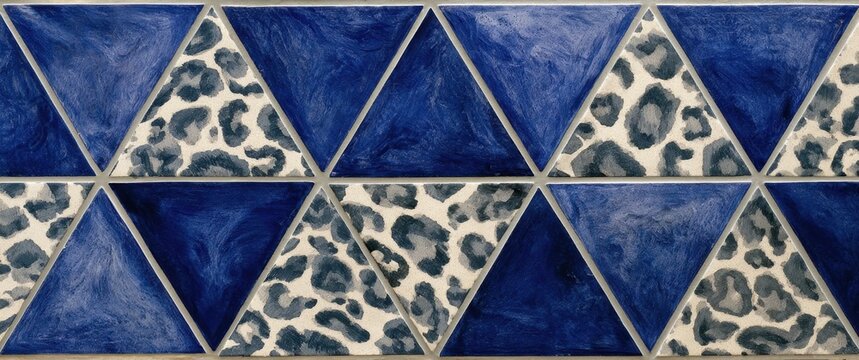 Blue and white geometric mosaic pattern with leopard print triangles on ceramic tiles