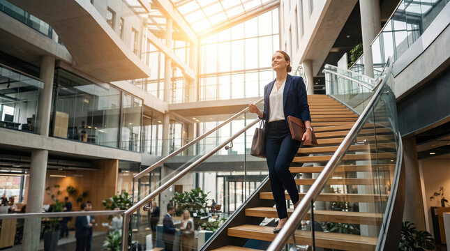 Confident business woman holding leather portfolio while walking down stairs in modern office lobby, great for corporate leadership profiles and career growth banners