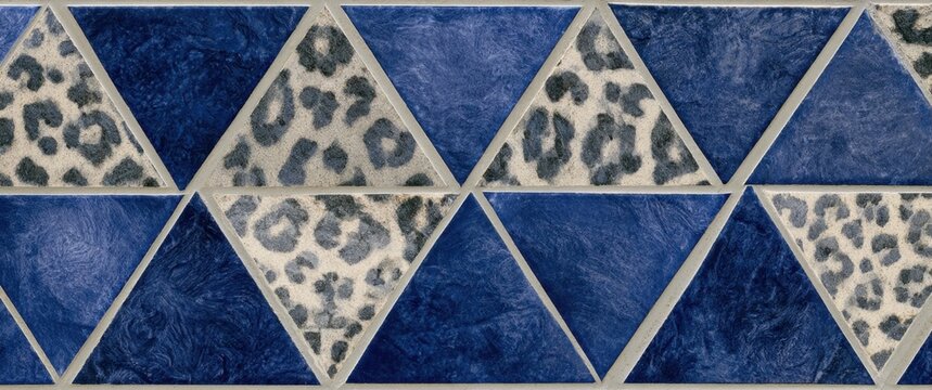 Blue geometric mosaic pattern with leopard print triangles and stone texture