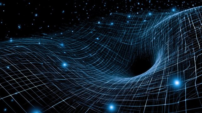 Blue grid fabric warping into a black hole in deep space with glowing stars