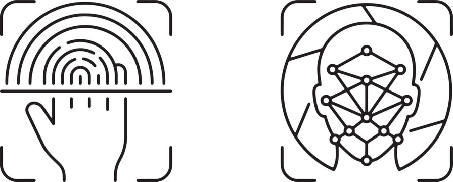 Art & Illustration, Hand silhouette with digital fingerprint scan frame and human face inside geometric target lock line art. Biometric recognition scanner and cybersecurity user identity access.