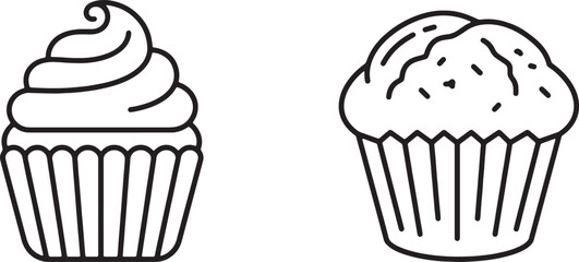 Art & Illustration, Gourmet swirl cupcake with vertical liner ribs and classic frosted dome muffin pastry line art. Sweet bakery dessert food for cafe menu and party celebration. © nawab g