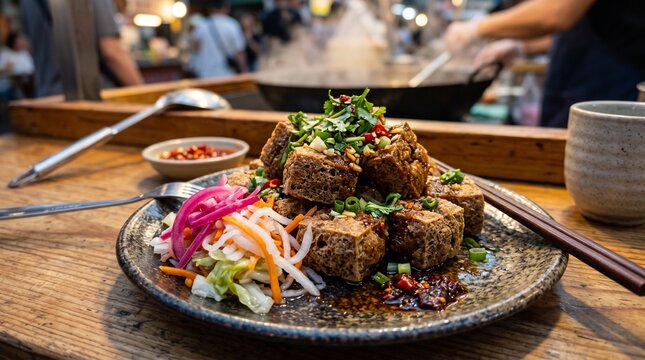 Authentic fried stinky tofu served with pickled vegetables and dipping sauce