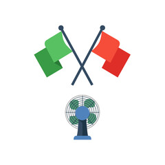 Crossed green and red flags above a blue electric desk fan.