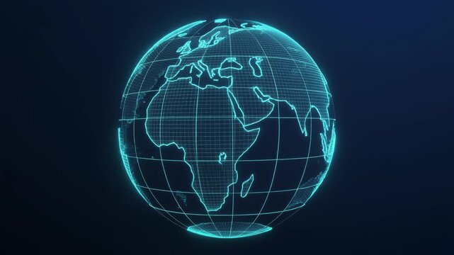 Wireframe Globe World Map Slowly Spinning on Dark Navy Background &ndash; Thin Glowing Teal Grid Lines