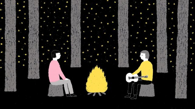 two people sitting around a campfire with stars and fireflies illuminating the dark forest amongst them; guitar out