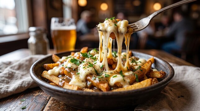Gourmet poutine with melted cheese and gravy being lifted by a fork