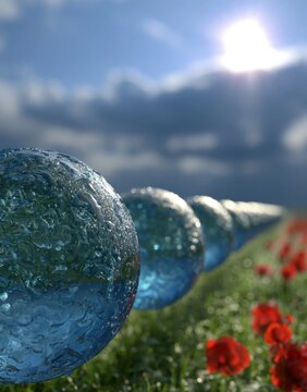 Blue water spheres in grass field with red poppies under sunny sky