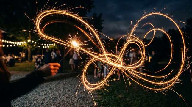 Hand holding sparkler creating light trails in night garden with sparkler fireworks celebration