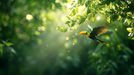 Fototapeta premium Vibrant toucan flying through lush green foliage, illuminated by soft sunlight, creates serene and enchanting atmosphere