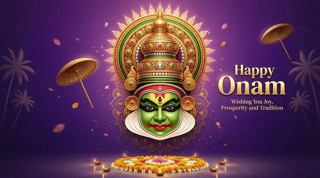 Vibrant onam festival celebration with traditional kathakali mask floral rangoli floating diyas and decorative umbrellas on a festive purple background