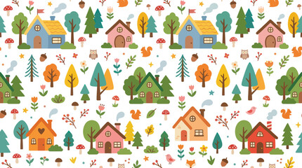 Fototapeta premium Cute Forest Houses Seamless Pattern Vector Illustration, Flat Design