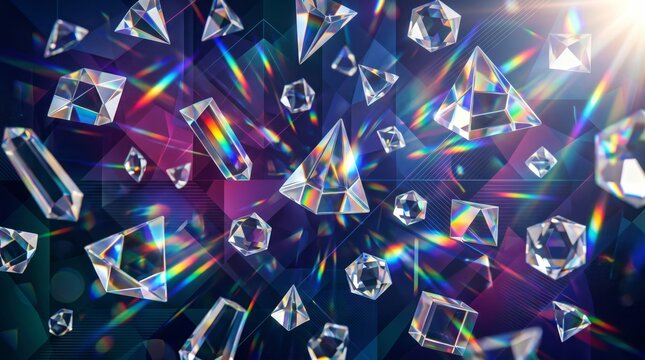 Floating transparent geometric crystals with colorful light prisms and flares crystals geometric