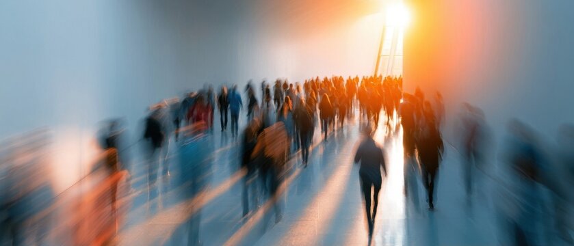 Blurred crowd of people walking toward a bright, glowing light at the end of a corridor