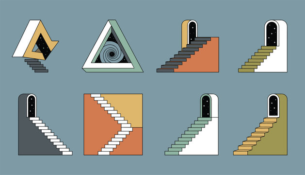 Collection of surreal geometric staircases leading to mysterious cosmic portal gateways in a minimalist modern style.