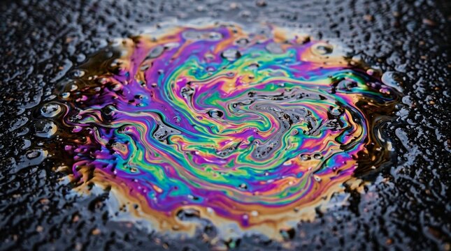 Rainbow oil slick spill on asphalt road surface close up with dark background, asphalt texture