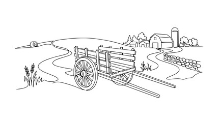 Obraz premium Rustic Farm Wagon on Country Road with Barn and Hay Bale - Line Art