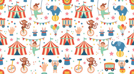 Fototapeta premium Circus Pattern Seamless Background with Elephants, Monkeys, and Tents