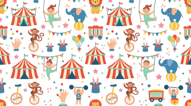 Circus Pattern Seamless Background with Elephants, Monkeys, and Tents