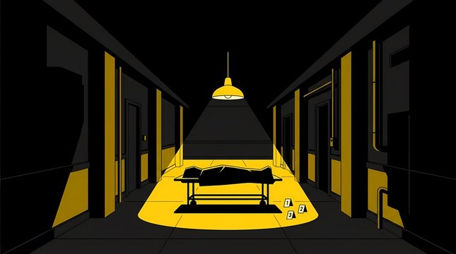 Dark hospital hallway with a corpse on a gurney under a yellow spotlight vector illustration.