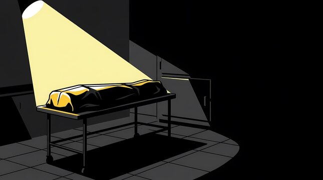Graphic illustration of a body bag on a gurney under a spotlight in a dark morgue.