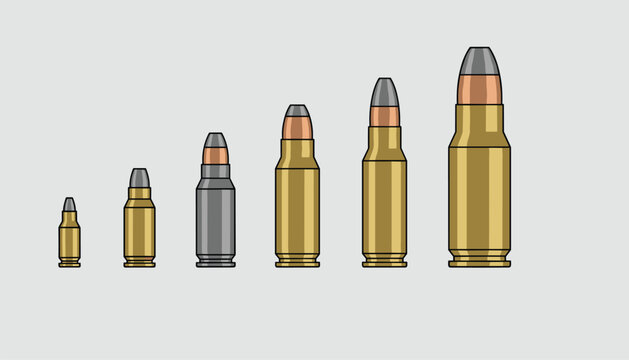 Row of six different rifle and handgun bullets arranged in increasing size order from small to large on a grey background.