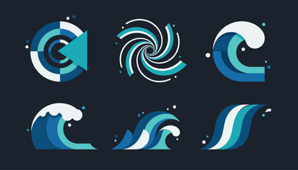 Fototapeta premium Collection of six minimalist ocean wave and whirlpool icons designed in shades of blue and white on a dark background.
