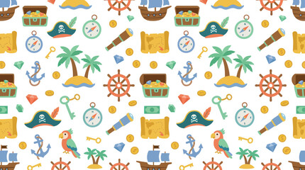 Naklejka premium Flat Cartoon Pirate Treasure Hunt Seamless Pattern. Kids Adventure, Nautical Objects Vector Illustration.