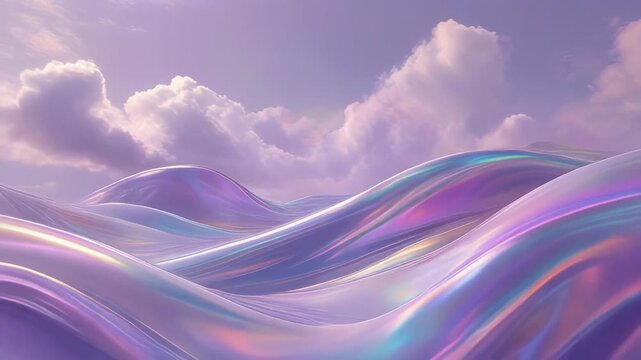 Abstract iridescent waves with pastel colors and a dreamy sky background