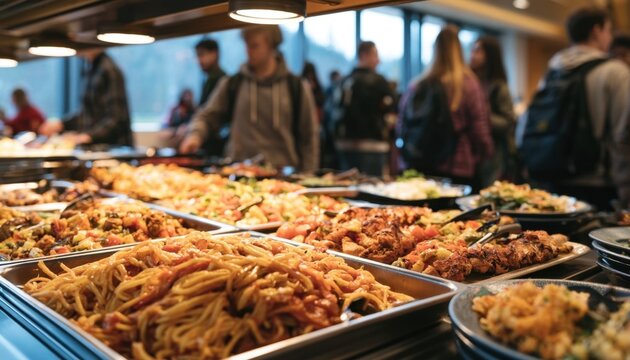 Buffet table with diverse pasta dishes in a busy cafeteria setting