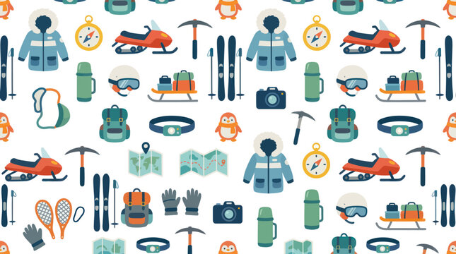 Winter Sports Adventure Pattern - Flat Vector Icons of Skiing, Snowmobiles, Gear