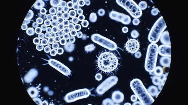 Microscopic view of pond water microorganisms and bacteria in motion