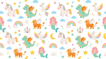 Fototapeta premium Cute Fantasy Mythical Creatures Seamless Pattern - Unicorn, Dragon, Mermaid Flat Vector Illustration