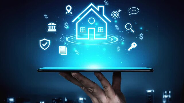 Modern Technology Concept Representing Real Estate and Home Management with Digital Icons Above a Tablet Device in a Futuristic Setting Gluon.