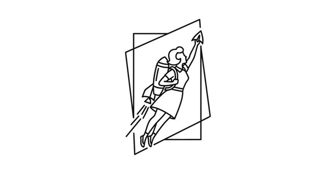 Woman with Jetpack Flying Upwards, Symbol of Success, Ambition, and Empowerment