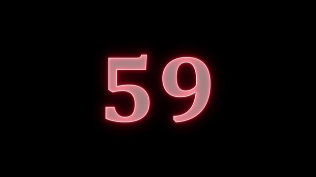 Red neon glowing number fifty nine isolated on black background for countdown timer.