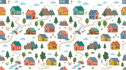 Fototapeta premium Children's Lifestyle Flat Cartoon Illustration Seamless Pattern of Whimsical Village Houses and Mountain Landscape
