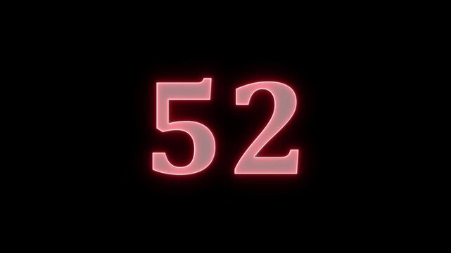 Red glowing neon number fifty two animation isolated on solid black background.