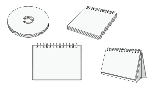 Technical linear sketches of office stationery items including a disc, notebook, notepad, and desk calendar.